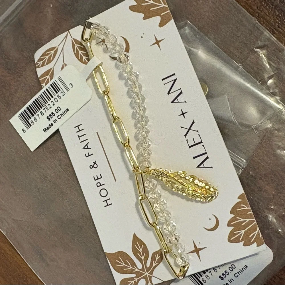 Alex and Ani Feather Chain Bracelet Gold Tone with Clear Crystals NWT